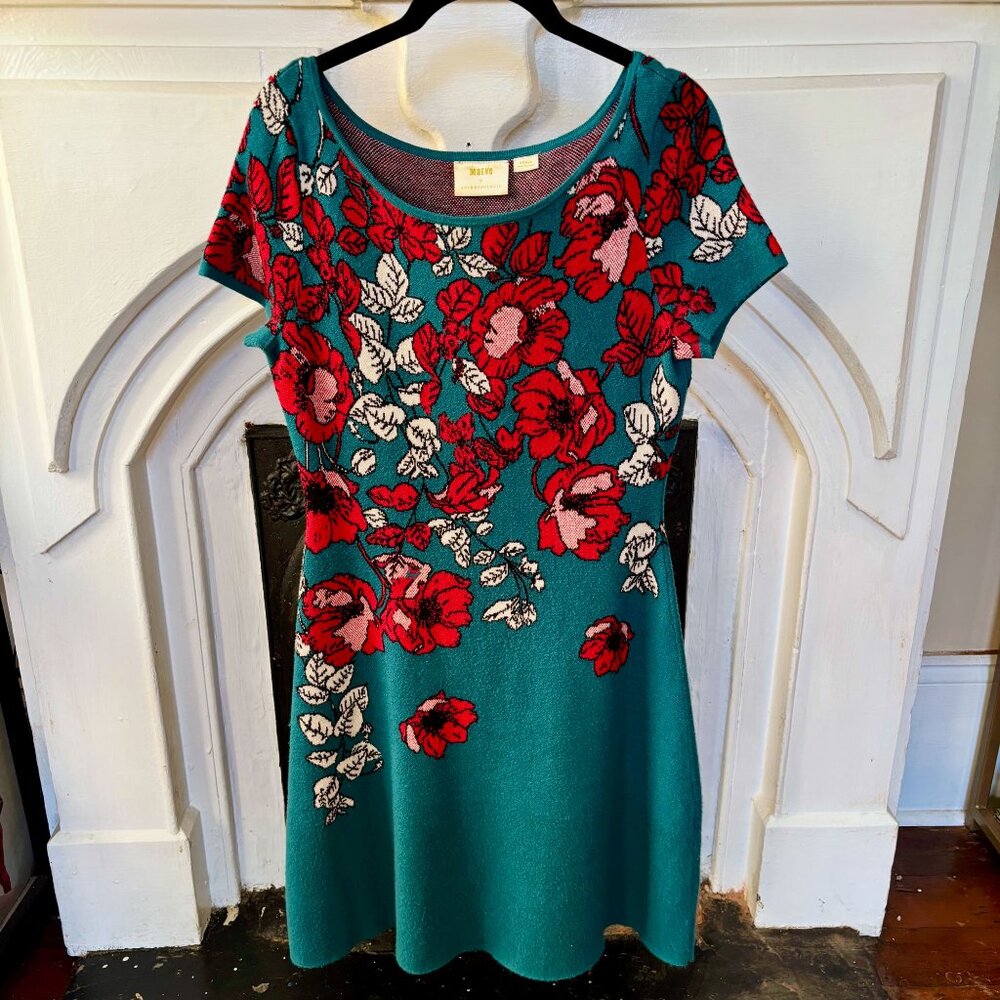 Anthropologie Maeve Allison Teal Floral Knit Sweater Dress Sz Small EUC Holiday - Picture 7 of 8